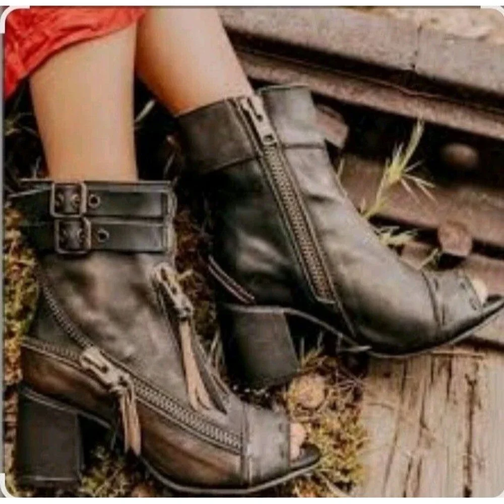 Firebird Zombi Booties Open Toe Steampunk Distressed Boho Women's Size 5 - Picture 9 of 9